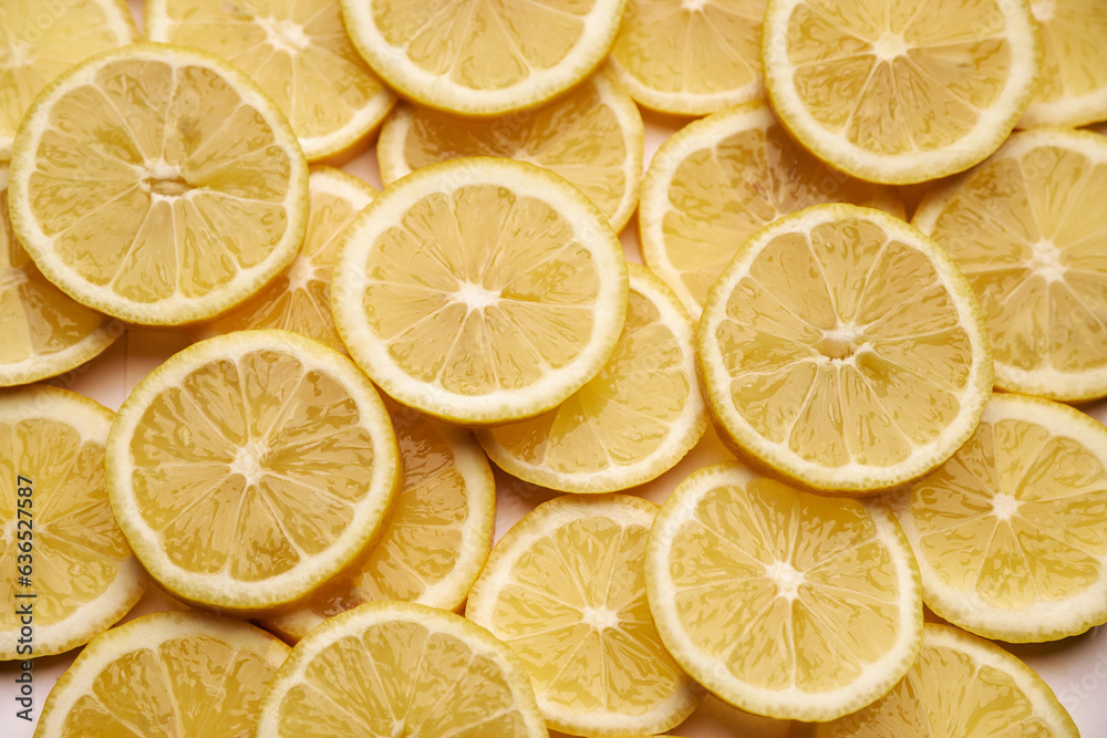 top down background view made of Fresh Sliced organic lemons close-up