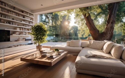 Contemporary White Interior with Gorgeous Backyard View. Generative AI