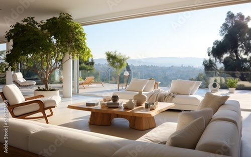 Contemporary White Interior with Gorgeous Backyard View. Generative AI