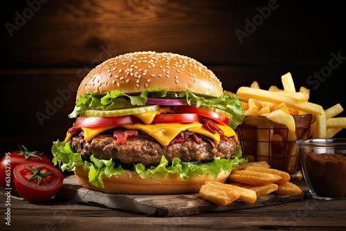 Big fresh burger and french fries isolated on white background