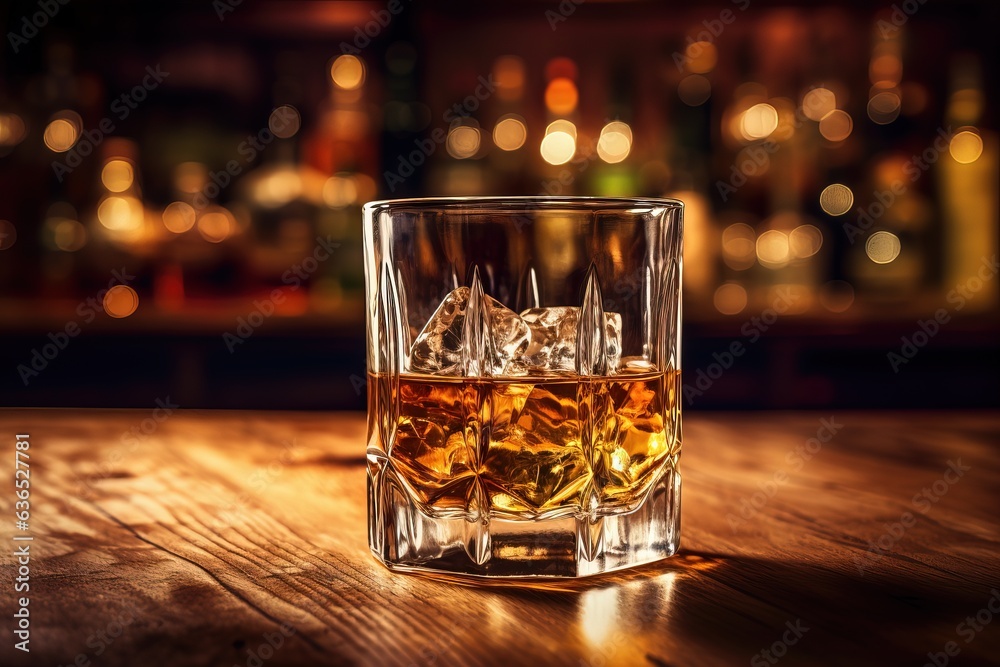 A glass of whiskey on an old wooden table in a bar. Close-up view. A glass of whiskey on an old wooden table in a bar. Close-up view.