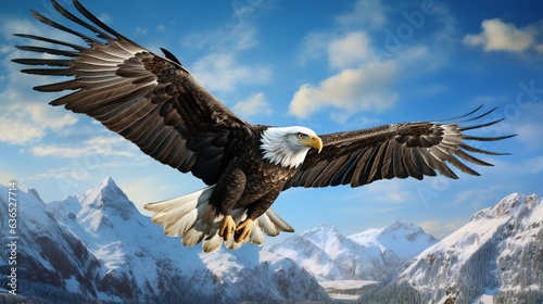  a bald eagle flying over a mountain range with mountains in the background.  generative ai © Anna