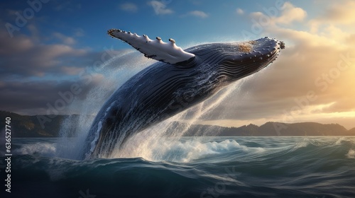  a humpback whale jumping out of the water at sunset.  generative ai © Anna