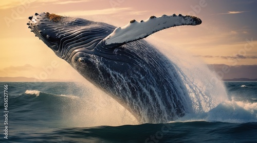 a humpback whale jumping out of the water at sunset.  generative ai © Anna