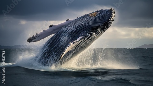  a humpback whale jumping out of the ocean water. generative ai