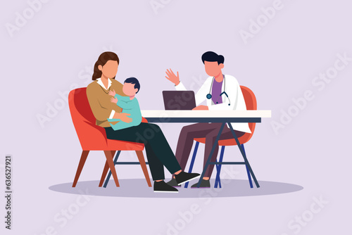 Kids  parents and doctor. Parenting in Healthcare concept. Colored flat vector illustration isolated. 