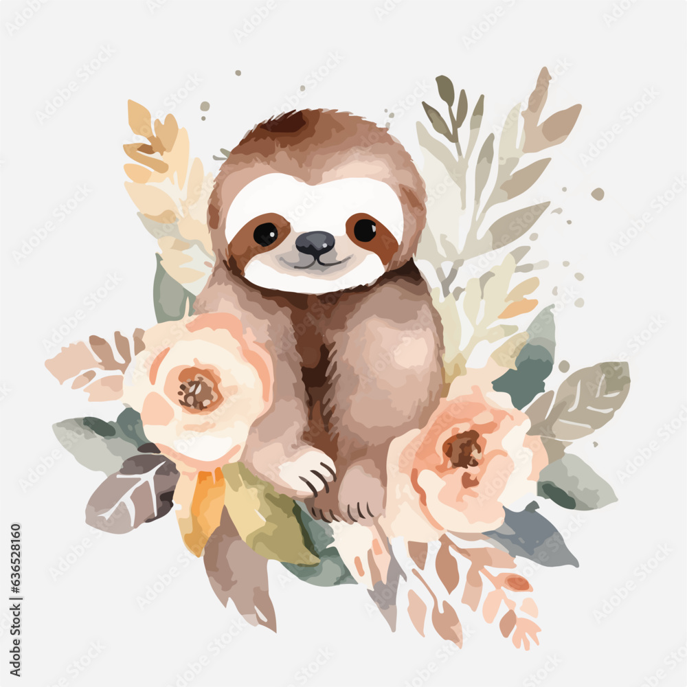 Obraz premium Watercolor vector illustration of a Sloth painting for children nursery room
