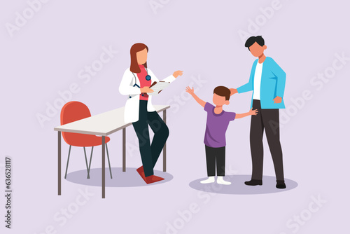 Kids, parents and doctor. Parenting in Healthcare concept. Colored flat vector illustration isolated. 