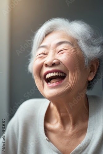 Illustration of an elderly smiling Asian woman laughing happily at home.generative AI © 2D_Jungle