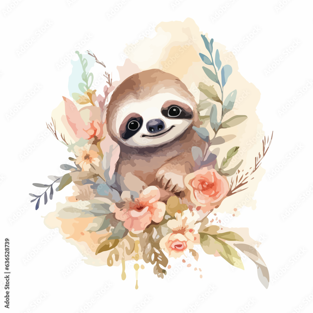 Obraz premium Watercolor vector illustration of a Sloth painting for children nursery room