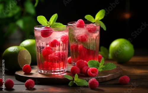 Pair of Fresh Raspberry Mojito Cocktails with Lime and Mint. Generative AI