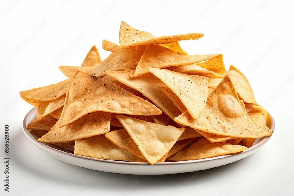 Fried tortilla nacho chips isolated on white background Fried tortilla nacho chips isolated on white background
