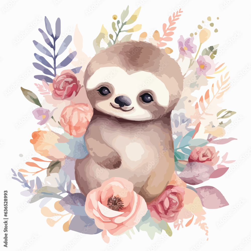 Watercolor vector illustration of a Sloth painting for children nursery room