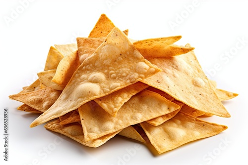 Fried tortilla nacho chips isolated on white background