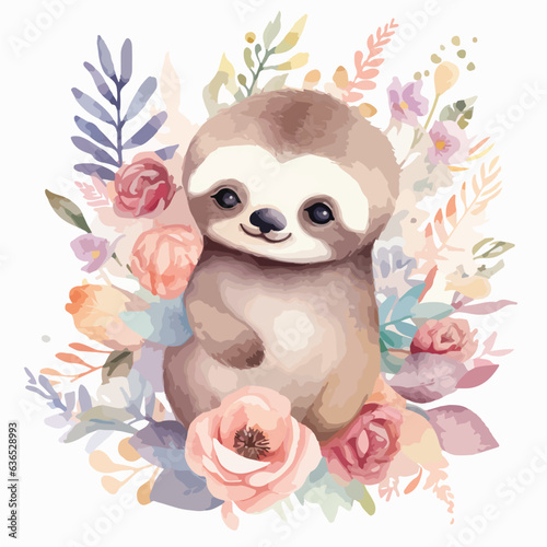 Watercolor vector illustration of a Sloth painting for children nursery room © Mr