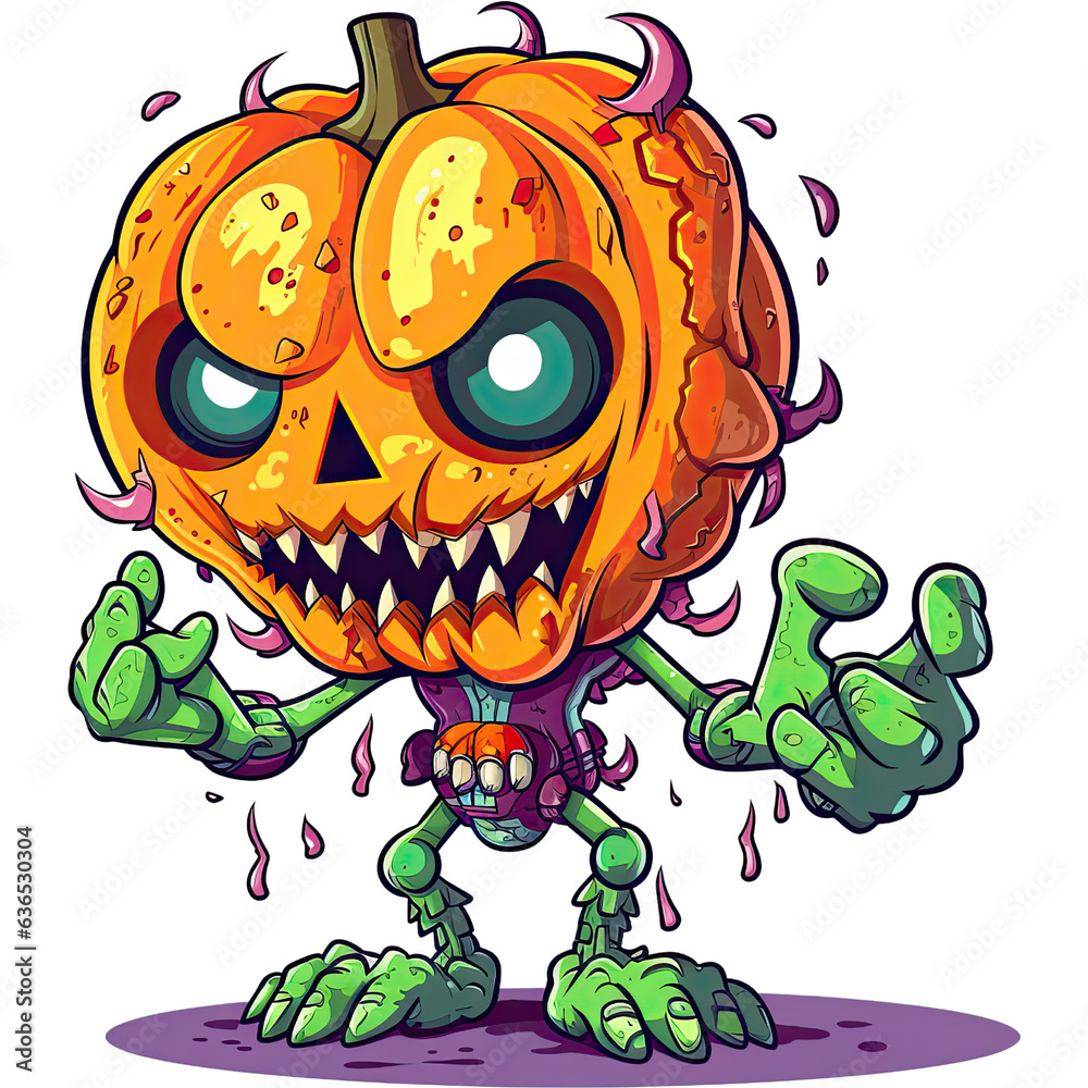 Obraz premium cartoon halloween zombie with pumpkin