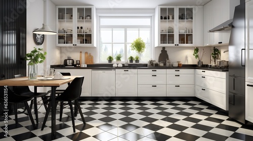  a kitchen with a checkered floor and a table with chairs.  generative ai