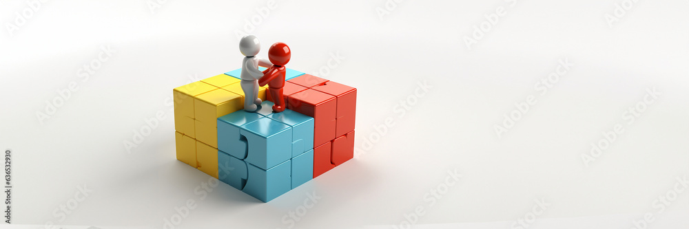 Cartoon Männchen mit schwere große Würfel als Teamwork arbeiten in Querformat für Banner, ai generativ Cartoon Männchen mit schwere große Würfel als Teamwork arbeiten in Querformat für Banner, ai generativ