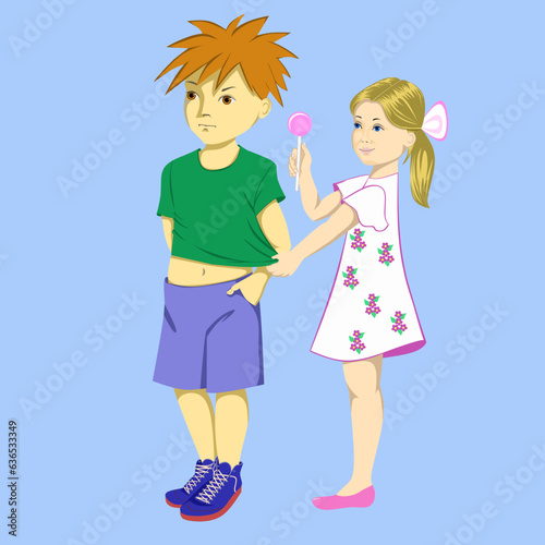 Friends reconcile. The girl, as a sign of reconciliation, offers the boy angry with her a candy.
