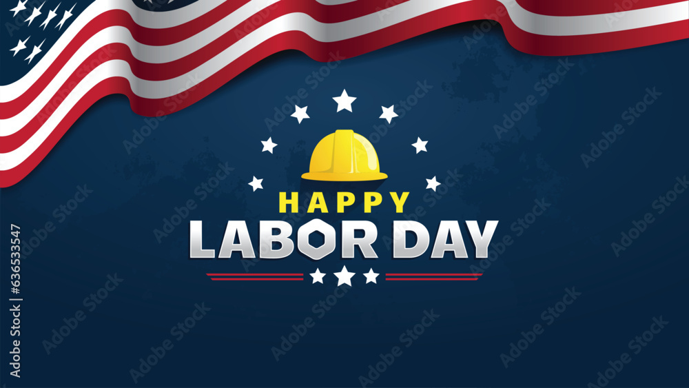 Labor Day Banner or poster template. USA labor day greeting with worker helmet, stars, and american flag on blue background for banner, advertising, poster, etc.