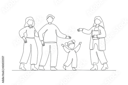 One continuous line drawing of Kids, parents and doctor. Parenting in Healthcare concept. Doodle vector illustration in simple linear style. 