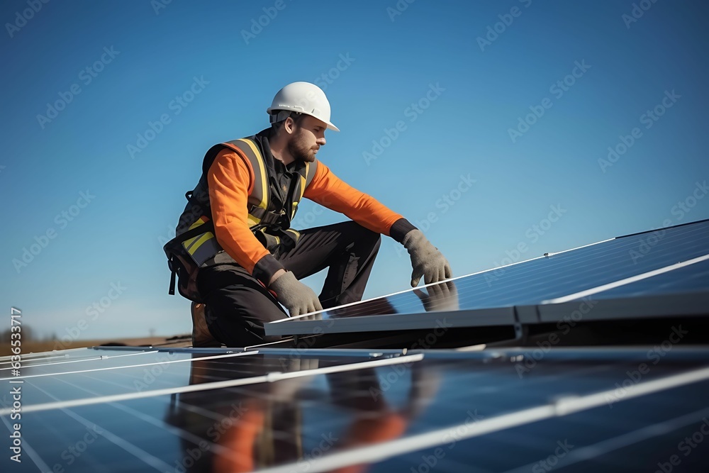 A skilled handyman is in the process of installing solar panels on the rooftop. A skilled handyman is in the process of installing solar panels on the rooftop.