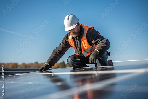 A professional handyman is in the process of installing solar panels on the rooftop.