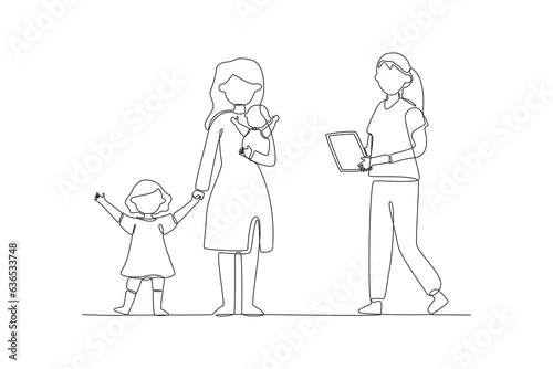 One continuous line drawing of Kids, parents and doctor. Parenting in Healthcare concept. Doodle vector illustration in simple linear style. 