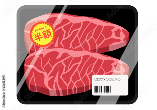 肉_パックに入った牛ステーキ肉（半額シール）