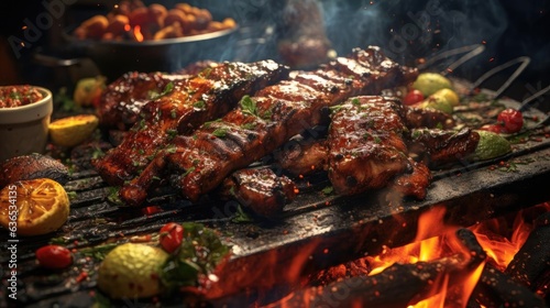 Close-up grilled barbeque with melted barbeque sauce and cut vegetables, blur background
