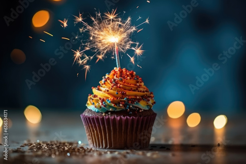 Decadent Orange Chocolate Birthday Cupcake with Sparkler Candle, Generative AI