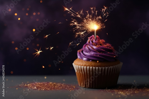 Decadent Purple Birthday Cupcake with Sparkler Candle, Generative AI