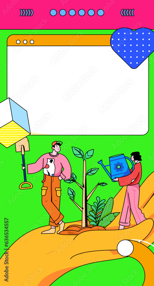 Fototapeta premium Vector concept operation hand-drawn illustration of flat characters planting trees in spring Arbor Day 