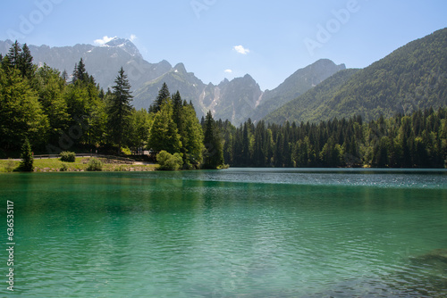 Italian lakes Laghi di Fusine. Turquoise lake with mountains in the background. Tarvisio, Italy, Europe. 