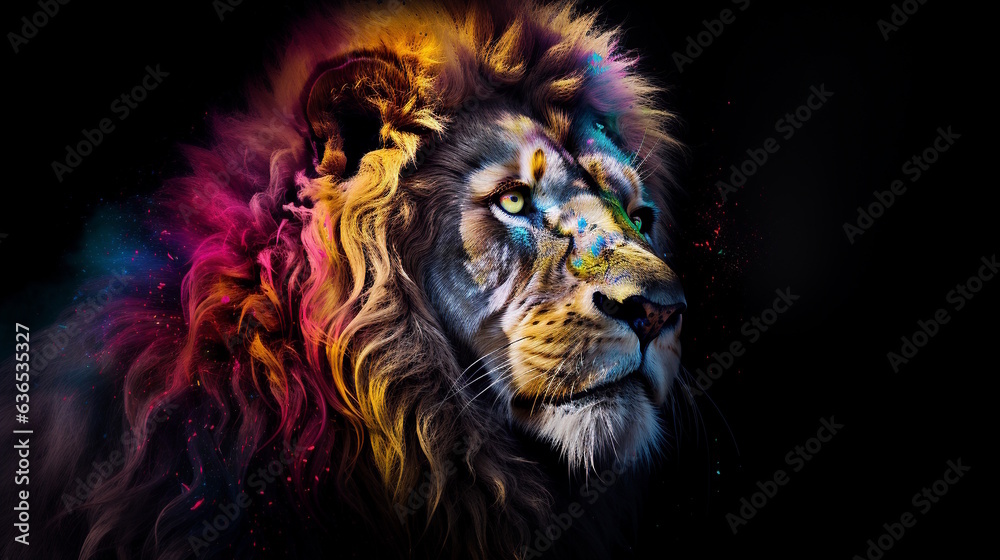 Colourfull Lion with Clashing Colors Background, Eye-catching Design. Generative AI
