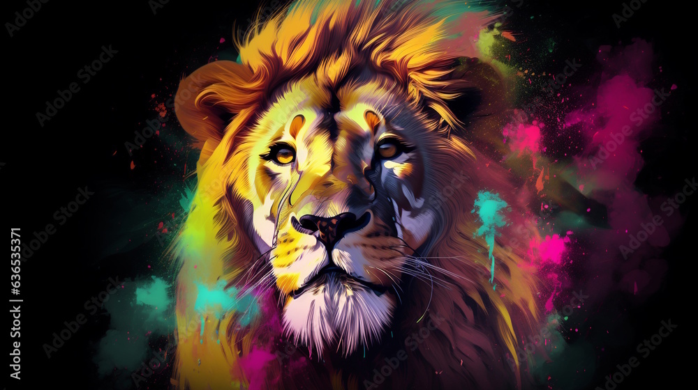 Colourfull Lion with Clashing Colors Background, Eye-catching Design. Generative AI