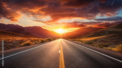  the sun is setting over a road with mountains in the background.  generative ai