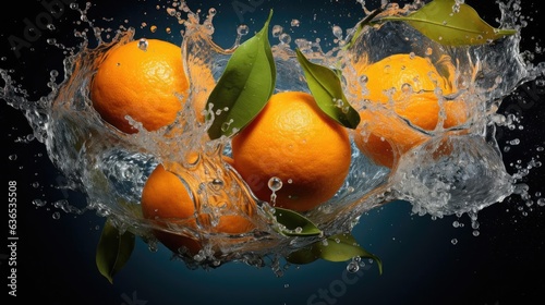 Close-up flying mandarin oranges hit by splashes of water on black background and blur