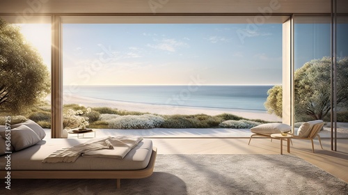 a bedroom with a view of the beach and the ocean.  generative ai © Olga