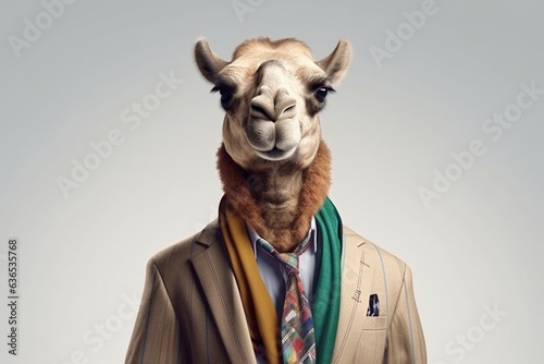 Camel in Stylish Colorful Business Suit, Playful and Colorful Concept in a Simple Plain Background, Concept for Creative Marketing and Branding. Generative AI