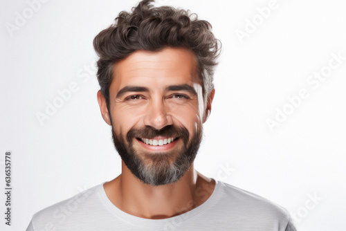 young man loud laughing face on white background.
