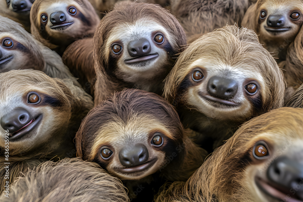 multiple sloth face only packed together and straight look the same way