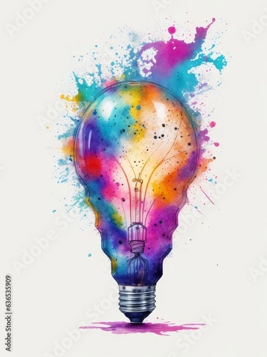 a caravel-shaped light bulb with a brain inside. Splatter style, UHD, watercolors, bright inviting color selection, t-shirt design, intricate, standing out, original. Generative AI