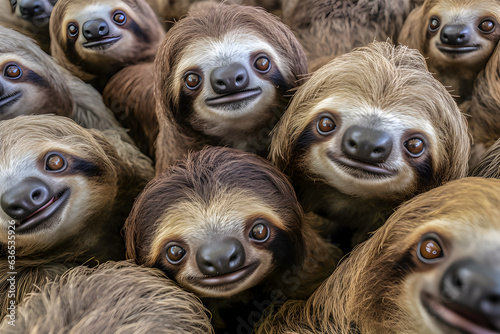 multiple sloth face only packed together and straight look the same way