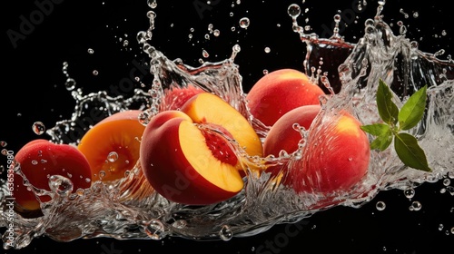Close-up flying fresh peaches hit by water splash on black background and blur