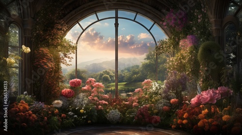  a painting of a garden with flowers and a large window.  generative ai