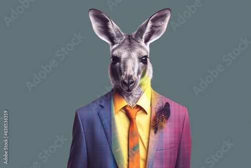 Kangaroo in Stylish Colorful Business Suit, Playful and Colorful Concept in a Simple Plain Background, Concept for Creative Marketing and Branding. Generative AI