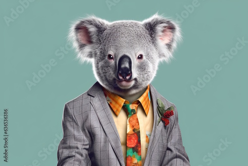 Koala in Stylish Colorful Business Suit, Playful and Colorful Concept in a Simple Plain Background, Concept for Creative Marketing and Branding. Generative AI
