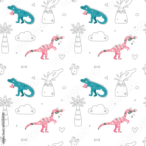Vector seamless pattern with dinosaur and volcano