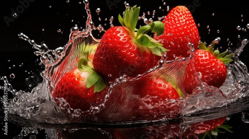 Close-up fresh red strawberry hit by water splash on black background and blur